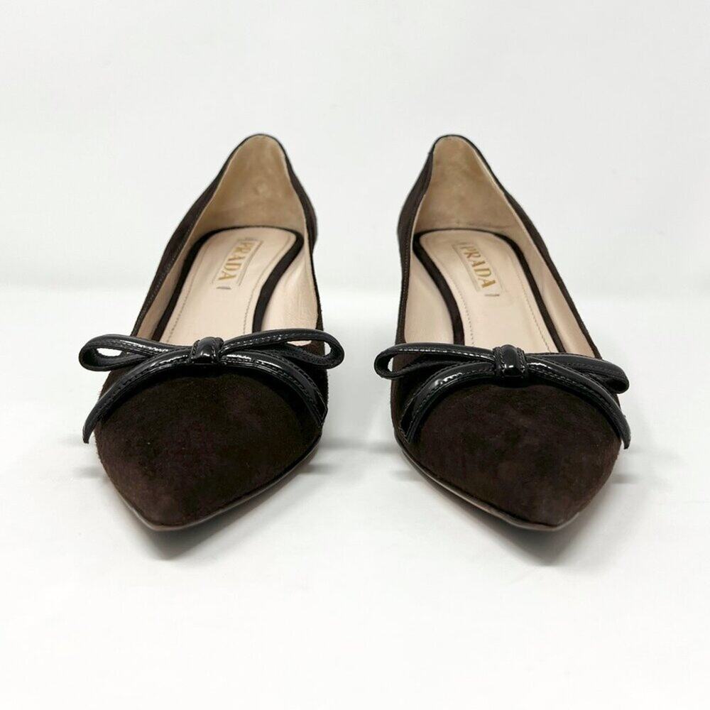 Prada Brown Suede Pointed-Toe Bow Pumps EU 37 Mid Heel | Made in Italy‎ - Picture 3 of 9